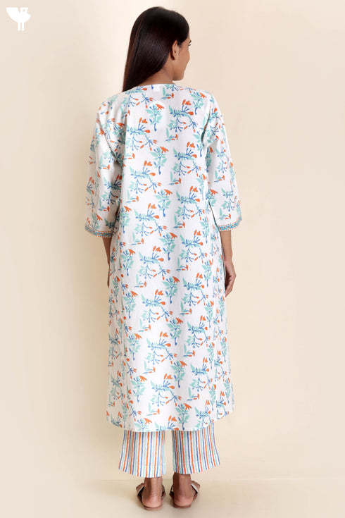 Cotton Kurta Pant Set With Kota Dupatta In Block Print